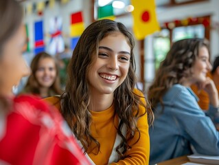 Poster - diverse students practicing foreign language conversation in classroom