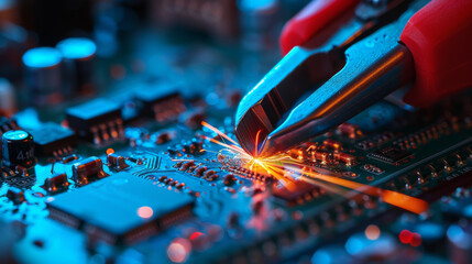 Poster - A person is using a pair of pliers to cut a piece of electronic equipment