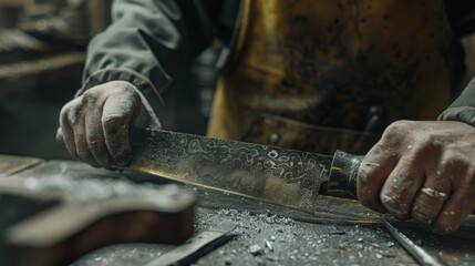 Close-up of craftsman's hands working on a handmade knife in a workshop, showcasing the intricate details of craftsmanship and tools.