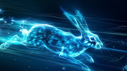 A glowing, blue digital rabbit is depicted in motion, surrounded by dynamic light trails on a dark background.