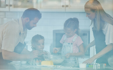 Poster - Parents, teaching or family baking with kids in kitchen for child development to prepare cookies. Father, mother or children siblings learning recipe for bonding, cooking or dessert for love in home