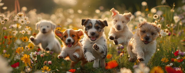 Poster - A playful group of puppies frolicking in a field of wildflowers.