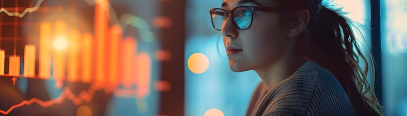 Poster - A young woman using an educational app to learn about trading and market analysis conveying a financial planning concept with copy space