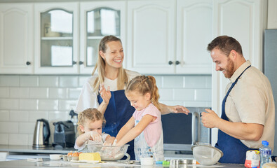 Canvas Print - Parents, teaching or happy family baking with children in kitchen for child development to prepare cookies. Dad, mom or kid siblings learning recipe for bonding, cooking or dessert for love in home