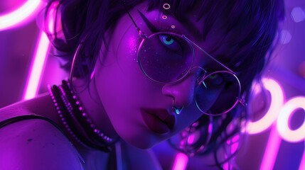 Wall Mural - Vibrant neon light portrait of a young woman with sunglasses