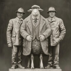 Wall Mural - a dressed sheep with coat, trousers and hat, on its hind legs, arm in arm with 2 men on the left and right. The sheep should be a bit smaller than the men