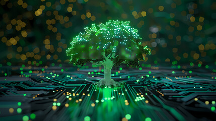 Green technology concept of digital environment in futuristic polygonal style. Glowing neon tree on the background of circuit board.