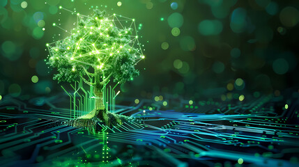 Green technology concept of digital environment in futuristic polygonal style. Glowing neon tree on the background of circuit board.