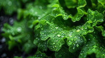 Wall Mural - The image shows moist green lettuce leaves in a garden setting, highlighting the water droplets