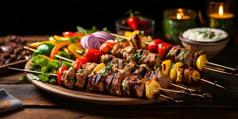 Wall Mural - Middle Eastern Feast Grilled Lamb and Chicken Kebab Skewers. Concept Middle Eastern Cuisine, Grilled Lamb, Chicken Kebabs, Feast, Skewers