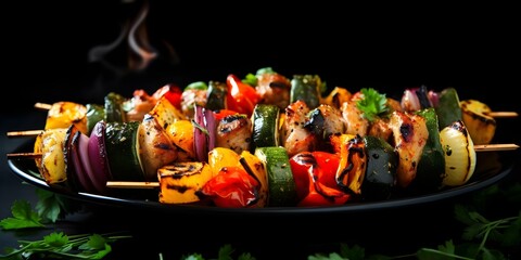 Wall Mural - Vegetable Shish Kebab Grilled on Black Background with Space for Text. Concept BBQ Recipes, Food Photography, Grilling Tips, Cooking Presentation, Culinary Creations