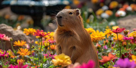Adorable Capybara Among Flowers: Animal Abstract Background