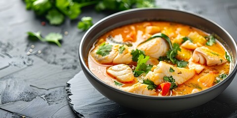 Poster - Brazilian White Fish Stew with Sweet Peppers, Coconut Milk, and Coriander. Concept Brazilian cuisine, Fish stew, Sweet peppers, Coconut milk, Coriander