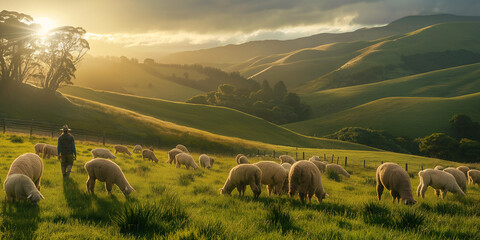 Alpaca Farmer Keeping Watch as Herd Grazes in Open Yards