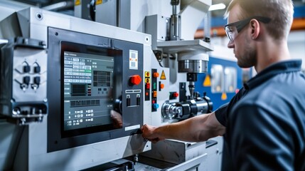 engineer operating a cnc machine in an industrial workshop, focusing on computer-operated precision 