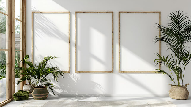 A poster mockup with a green plant and wooden frames on a white background, perfect for showcasing artwork, interior design presentations, and minimalist décor, Generative AI.