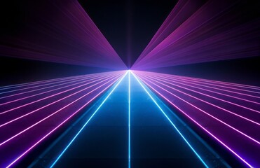 Black background, purple and blue laser beams, laser beam lights shining on the black ground