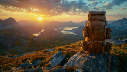 photo of brown backpack on a mountain top with a beautiful view over a valley at sunset. depicting travel and adventure