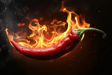 Wall Mural - hot red chili pepper on fire isolated on black background