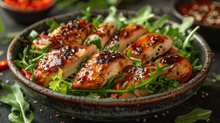 Wall Mural - Juicy grilled chicken strips with a glaze and veggies on a bed of spinach in a rustic bowl