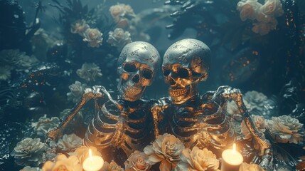 Eternal love depicted with a beautiful skull skeleton couple cuddling in a forest, surrounded by flowers, a romantic yet eerie Valentine or Halloween background, smiling at each other in detailed 8K  