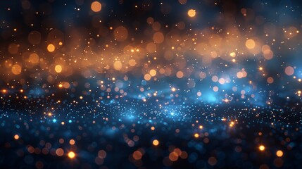 This image displays a mesmerizing array of golden bokeh lights, giving off a dreamy and magical vibe against a deep blue backdrop