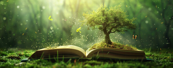 Wall Mural - magical open book with a tree growing from its pages, surrounded by glowing butterflies and sunlight