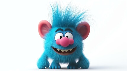 A cute blue monster with big ears and a pink nose is smiling. The monster is covered in soft fur and has a wild mane of hair.