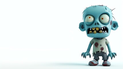Wall Mural - 3D rendering of a cute cartoon zombie. The zombie is blue and has big yellow eyes. It is wearing a ragged shirt and jeans.