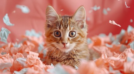 Sticker - A kitten is laying in a pile of pink and blue paper