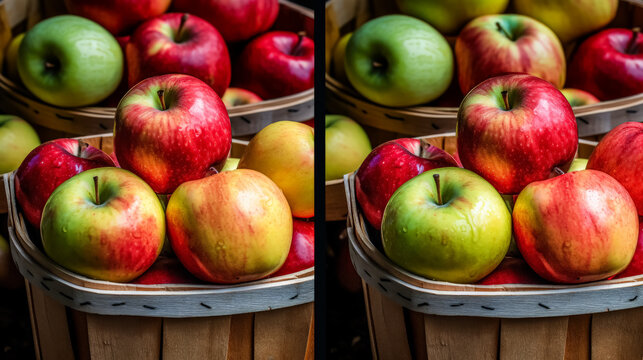 Two apples, one green and one red, are shown in close up. The green apple is on the left and the red apple is on the right