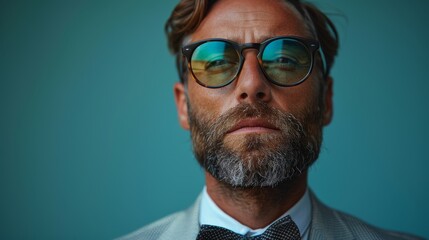 Wall Mural - A well-groomed bearded man donning blue glasses and a bow tie exudes confidence and style