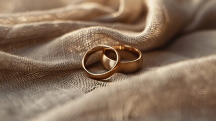 Closeup of minimalist wedding rings on beige fabric. Closeup shot focusing on the ring details. The style is minimalist with clear textures and warm tones.