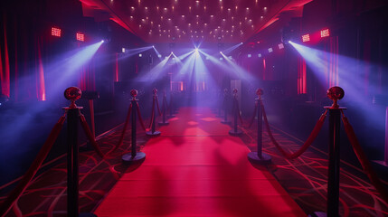 Wall Mural - An elegant nighttime event with a red carpet, streams of lights and a velvet ribbon entrance. Every step on the carpet is a step towards fame, while the atmosphere sparkles with starlight.