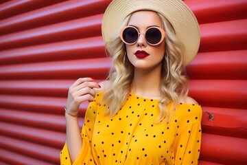 Wall Mural - A woman in a yellow polka dot dress and a straw hat is posing for a photo