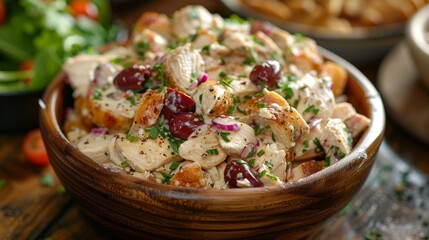 Poster - A delicious chicken salad mixed with grapes, herbs, and a creamy dressing served in a wooden bowl