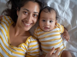 Wall Mural - A woman and her baby are laying on a bed, both wearing yellow striped shirts