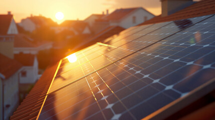 Closeup of solar panels on rooftops catching the morning light