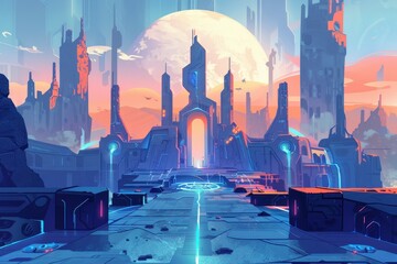 Wall Mural - Futuristic Cityscape with Glowing Towers and a Bright Sky