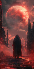 A hooded figure stands in a futuristic city with a red, ominous moon looming overhead