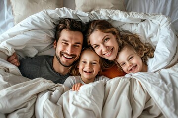 Canvas Print - A family of four is cuddling in bed, with a man and a woman hugging a child