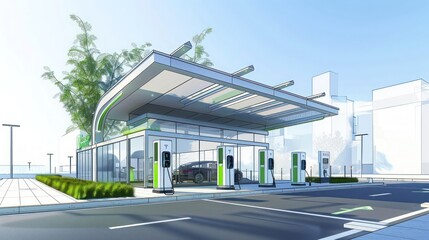 Technical drawings of a modern electric vehicle charging station with advanced infrastructure and green energy systems