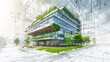 © Aeman - Technical drawings of a sustainable office building with green spaces and energy-efficient systems