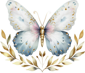 Wall Mural - Gold butterfly watercolor pastel luxury clipart transparent background, brightly colored wings