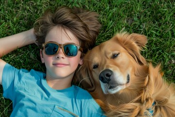 Wall Mural - A young boy is laying on the grass with a golden retriever