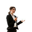 © AlexCaelus - Confident businesswoman giving a presentation with a microphone, wearing a black suit and white shirt against a plain background.