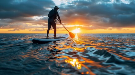 A paddleboarder enjoys the calm ocean at sunset, creating a peaceful silhouette.