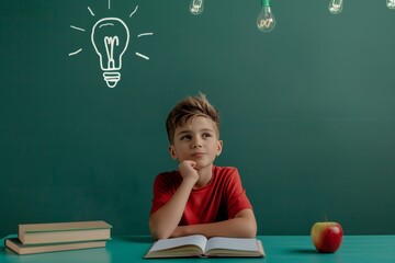 Wall Mural - A young boy is sitting at a desk with a stack of books and an apple