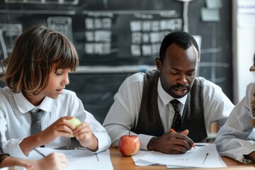 Canvas Print - A teacher and a student are sitting at a desk with a green apple