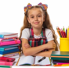 Wall Mural - A young girl sits at a desk with a stack of books and a pencil